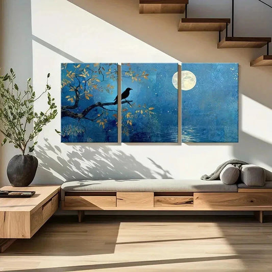 3pcs Moonlit Night Silhouette Crow Tree Branches Metal Print Ready to Hang Art