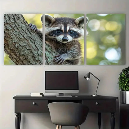 3pcs Adorable Baby Raccoon Climbing Wildlife Metal Print Ready to Hang Art
