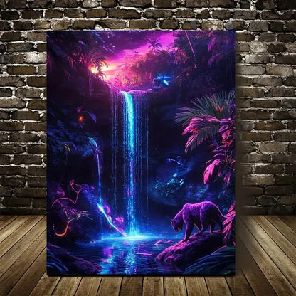 Neon Glow Waterfall Scene Panther Painting 40x60cm Metal Print Ready to Hang
