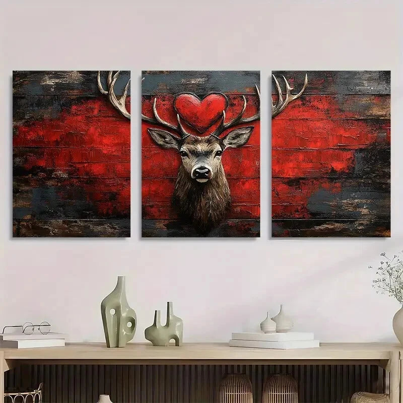 3pcs Rustic Deer Black & Red Distressed Metal Print Ready to Hang Art