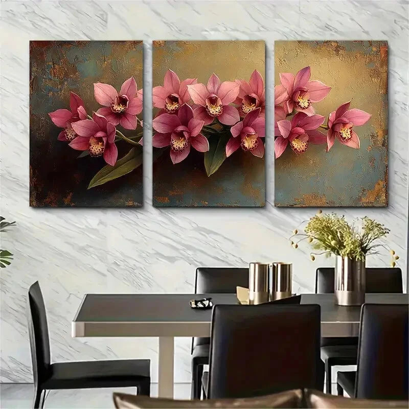 3pcs Vintage Orchid Flowers Rustic Illustration Metal Print Ready to Hang Art
