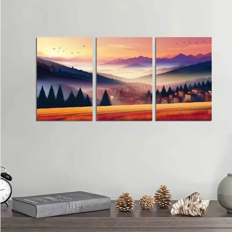 3pcs Color Landscape Mountain Village Metal Print Ready to Hang Art