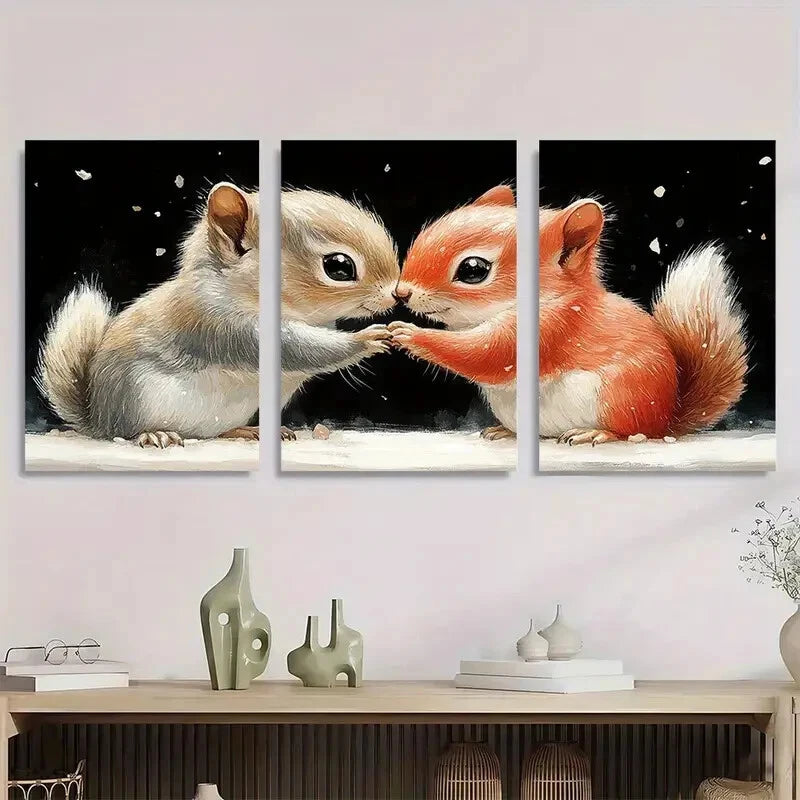 3pcs Hugging Squirrel Friends Snowy Scene Metal Print Ready to Hang Art