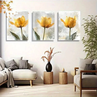 3pcs Set of Yellow Tulip Flower Wall Art Metal Print Ready to Hang Art