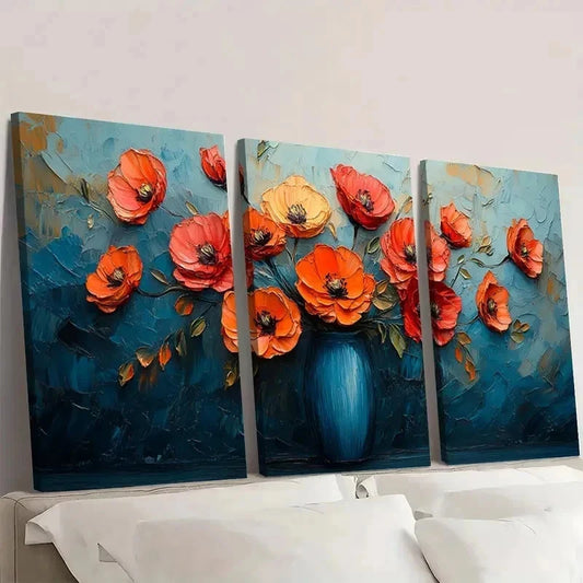 3pcs Red Orange poppies Artwork H Wall Art Set Canvas Framed 50x70cm - High Quality Print 100% Australian Made Wall Canvas Ready to Hang