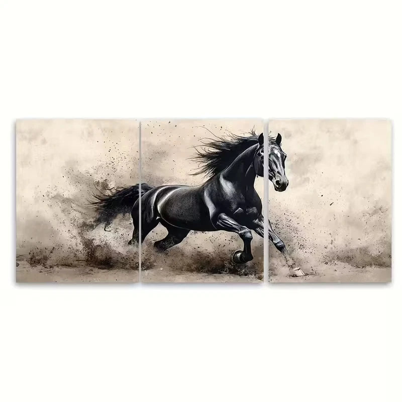 3pcs Black Horse Watercolour Ink Metal Print Ready to Hang Art