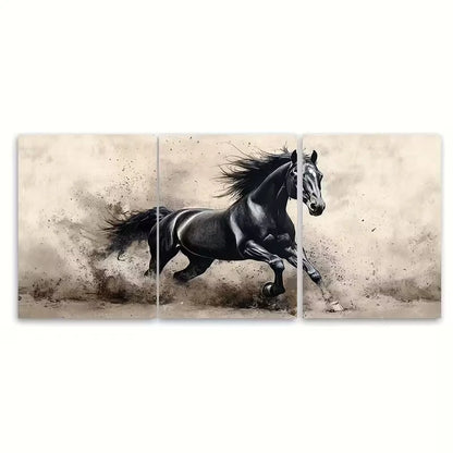 3pcs Black Horse Watercolour Ink Metal Print Ready to Hang Art
