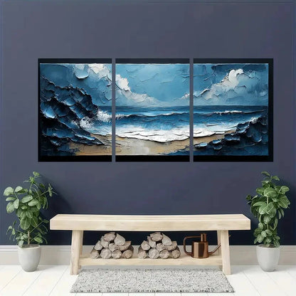 3pcs Abstract Ocean Waves Blue & Gray Textured Metal Print Ready to Hang Art
