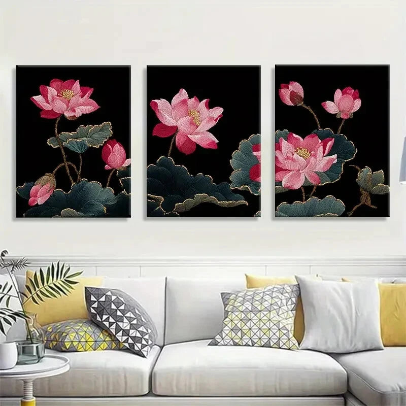 3pcs Embroidered for Lotus Elegant Pink Flower Metal Print Ready to Hang Art