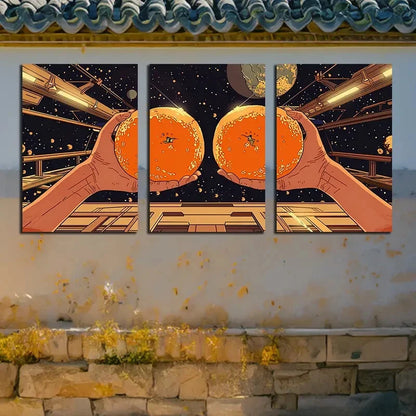 3pcs Vibrant Hands Peeling Orange Design Metal Print Ready to Hang Art