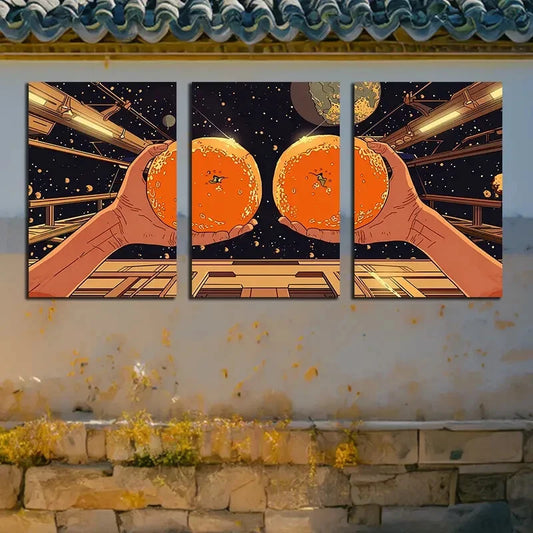 3pcs Vibrant Hands Peeling Orange Design Metal Print Ready to Hang Art