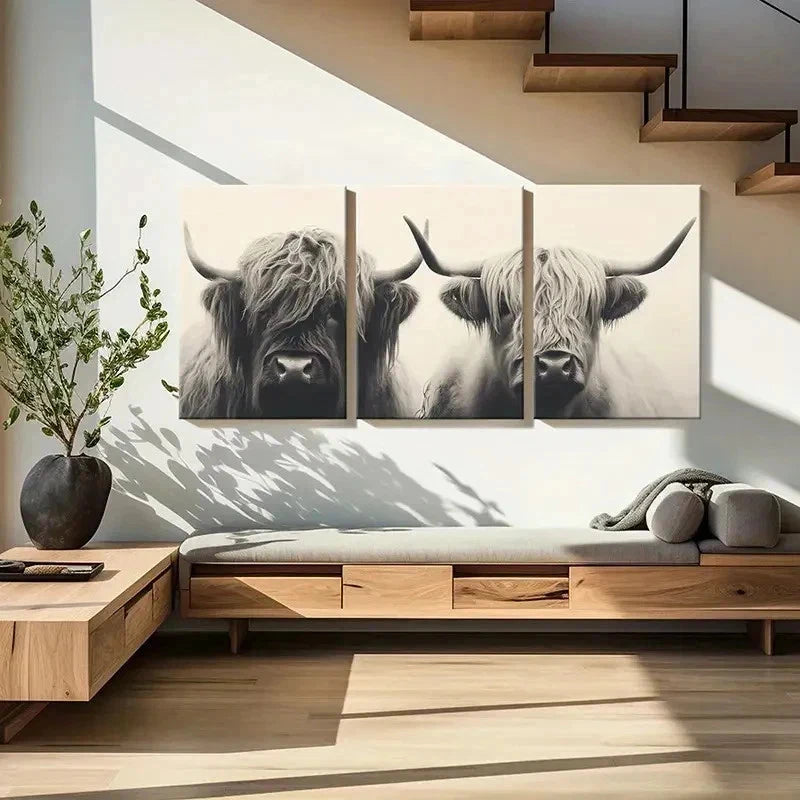 3pcs Highland Cattle Vintage Painting Wall Art Set Canvas Framed 40x60cm - High Quality Print 100% Australian Made Wall Canvas Ready to Hang