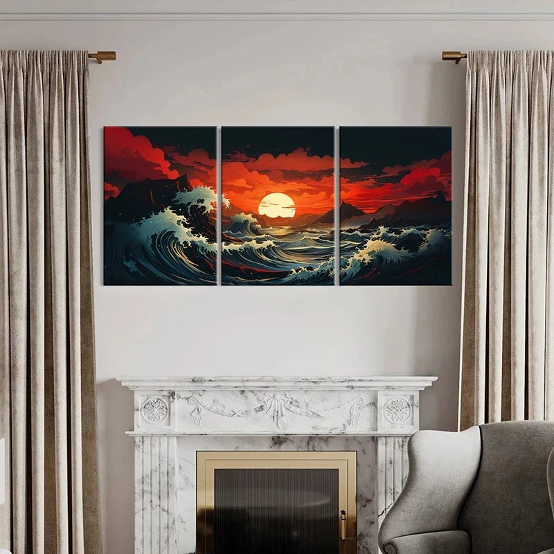 Three-panel artwork of a sunset over waves mounted above a fireplace with curtains on either side.