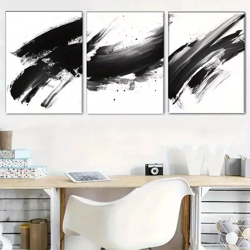 3pcs Black and White Abstract Brushstroke Art Set Canvas Framed 50x70c