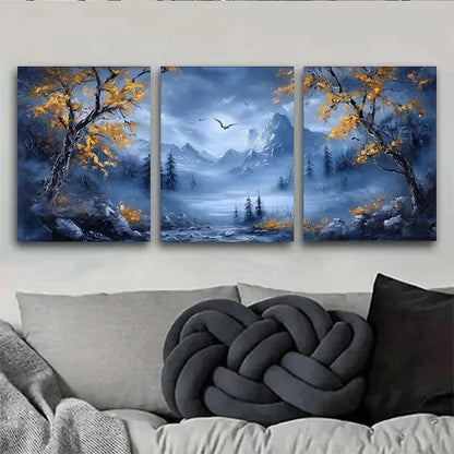 3pcs Artistic Mountain Landscape Golden Trees Metal Print Ready to Hang Art