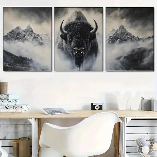 3pcs Majestic Bison and Mountains and Mist Metal Print Ready to Hang Art