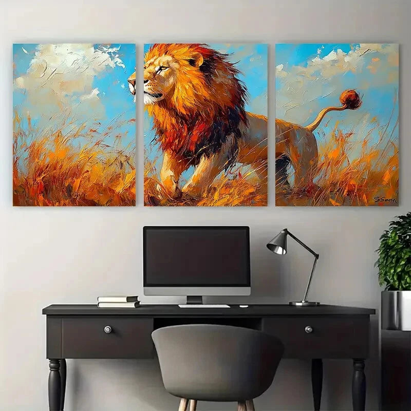 3pcs Lion in Majestic Pose with Vibrant Colors Metal Print Ready to Hang Art