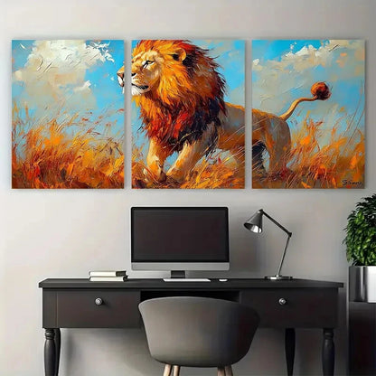 3pcs Lion in Majestic Pose with Vibrant Colors Metal Print Ready to Hang Art