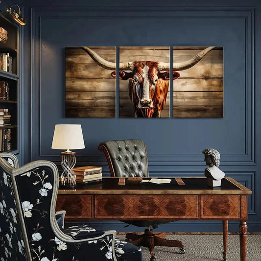 3pcs Rustic Longhorn Vintage Farmhouse Animal Metal Print Ready to Hang Art