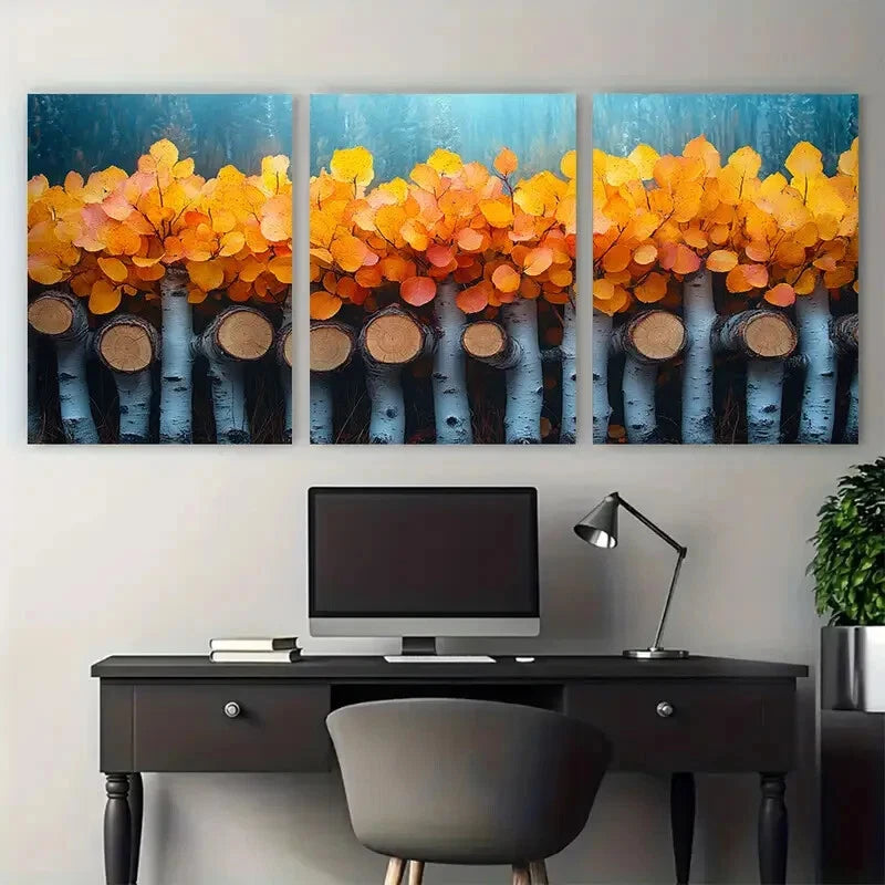 3pcs Vibrant Golden Yellow Leaves Aspen Trees Metal Print Ready to Hang Art