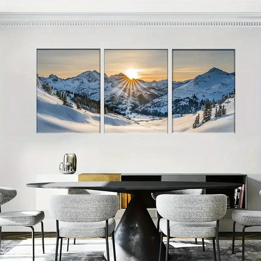 3pcs Snowy Mountain Sunrise Wall Art Metal Print Ready to Hang Art