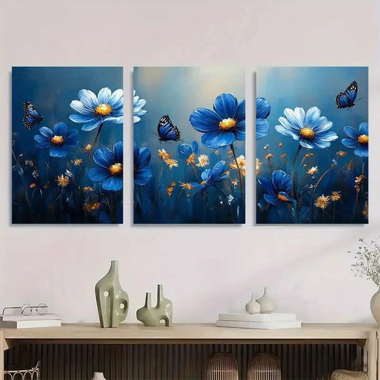3pcs Vibrant Blue Flowers with Butterflies Metal Print Ready to Hang Art