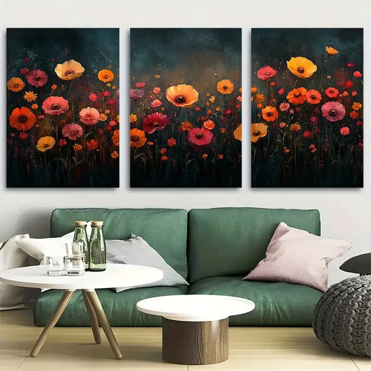 3pcs Wildflowers At Midnight Boho Minimalist Metal Print Ready to Hang Art
