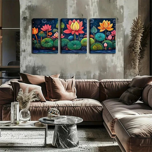 3pcs Colorful Lotus Flowers Triptychs Perfect Wall Art Set Canvas Framed 40x60cm - High Quality Print 100% Australian Made Wall Canvas Ready to Hang