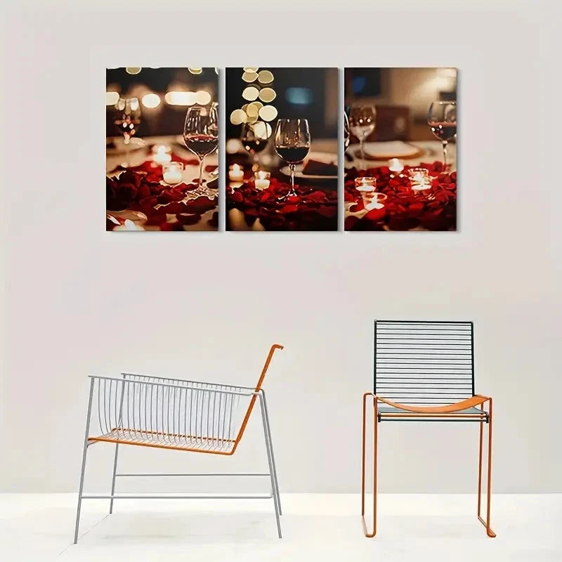 3pcs Romantic Dinner Scene Wine Glasses Candles Metal Print Ready to Hang Art