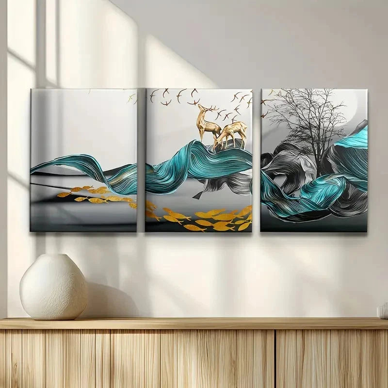 3pcs Abstract Blue Black Golden Turquoise Leaf Metal Print Ready to Hang Art