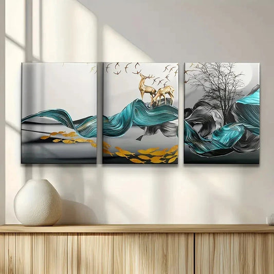 3pcs Abstract Blue Black Golden Turquoise Leaf Metal Print Ready to Hang Art