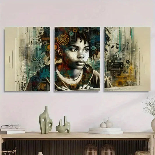 3pcs Futuristic Cyber Tech Girl Abstract Metal Print Ready to Hang Art