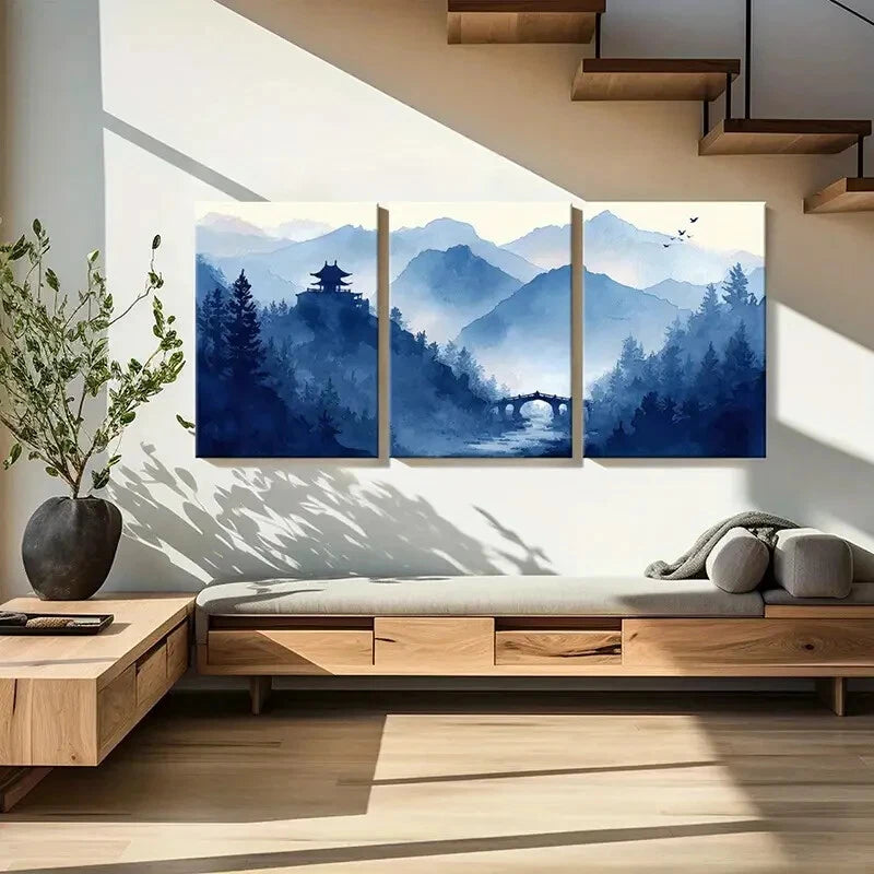 3pcs Mountain Landscape Ancient Temple Bridge Metal Print Ready to Hang Art