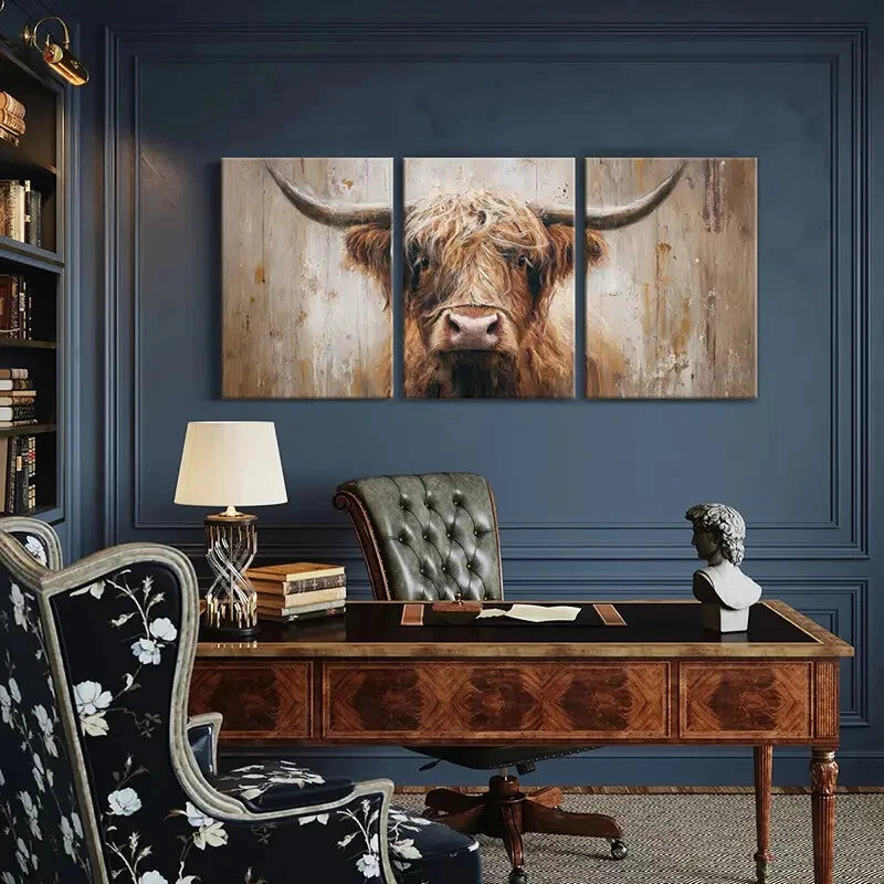 3pcs Highland Cow Art Rustic Farmhouse Painting Metal Print Ready to Hang Art