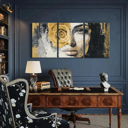 3pcs Abstract Art Golden Rose Woman Face Metal Print Ready to Hang Art