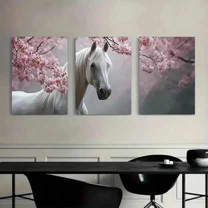 3pcs Cherry Blossom Tree with Petals White Horse Metal Print Ready to Hang Art