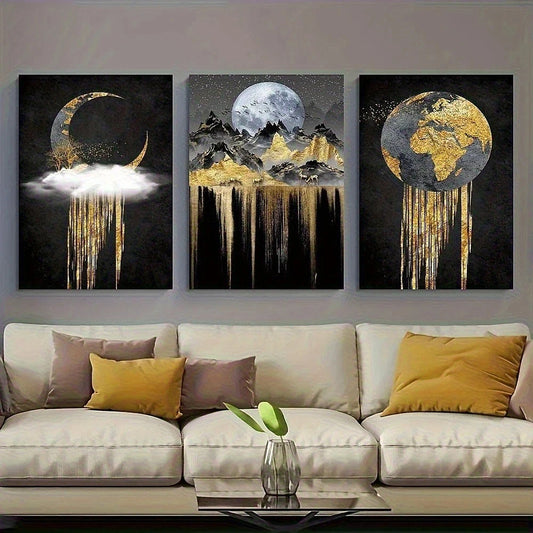3pcs Abstract Golden Earth Moon and Mountain Metal Print Ready to Hang Art