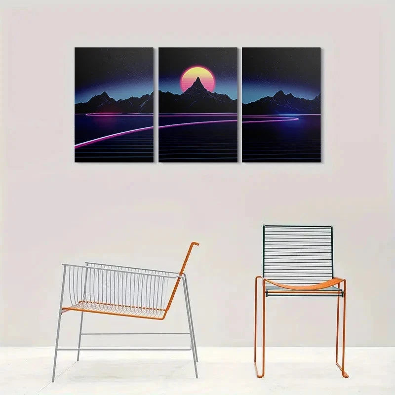 3pcs Vibrant Retro Futuristic Sunset Metal Print Ready to Hang Art