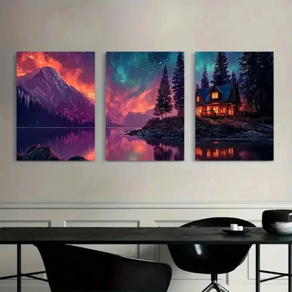 3pcs Vibrant Oil-Style Cabin in The Woods Metal Print Ready to Hang Art