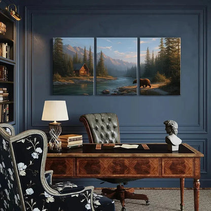 3pcs Mountain Cabin Bear Forest River Landscape Metal Print Ready to Hang Art
