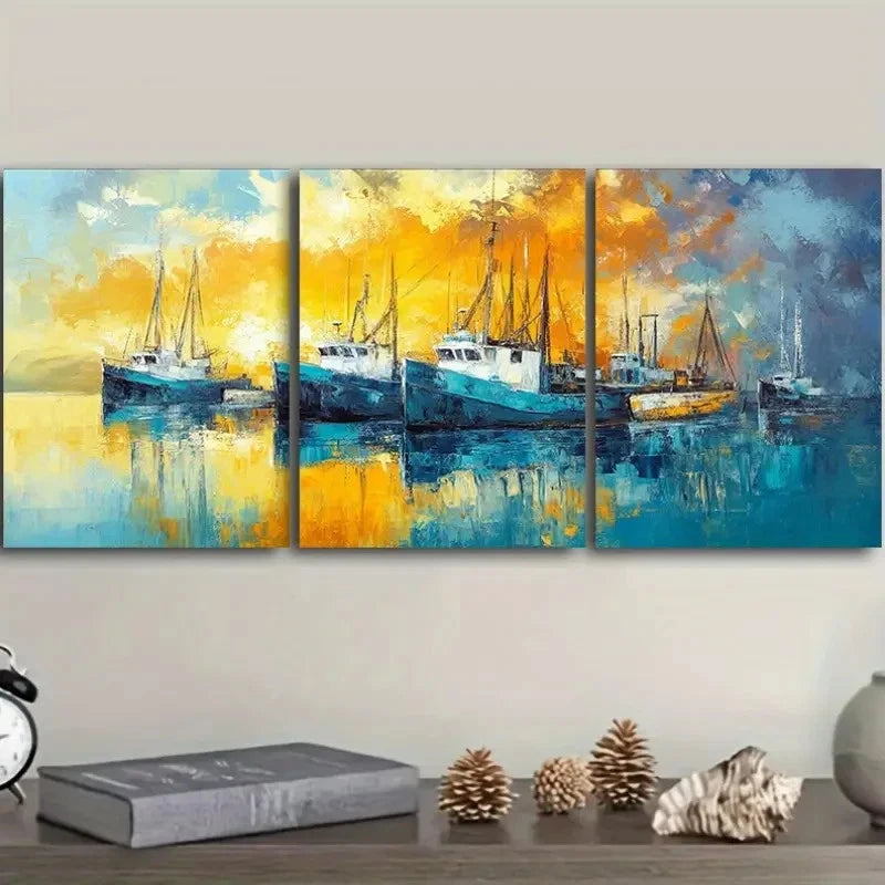 3pcs Featuring Boats at The Dock Artwork Metal Print Ready to Hang Art