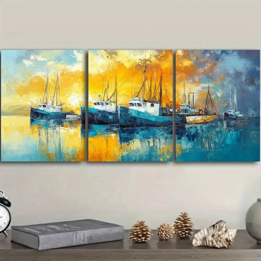 3pcs Featuring Boats at The Dock Artwork Metal Print Ready to Hang Art