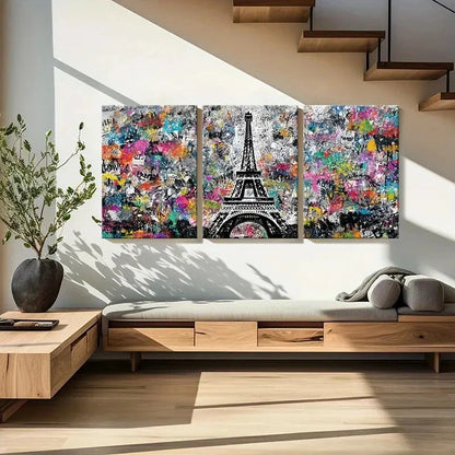 3pcs Eiffel Tower Vibrant Abstract Urban Graffiti Metal Print Ready to Hang Art