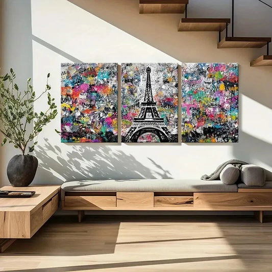 3pcs Eiffel Tower Vibrant Abstract Urban Graffiti Metal Print Ready to Hang Art