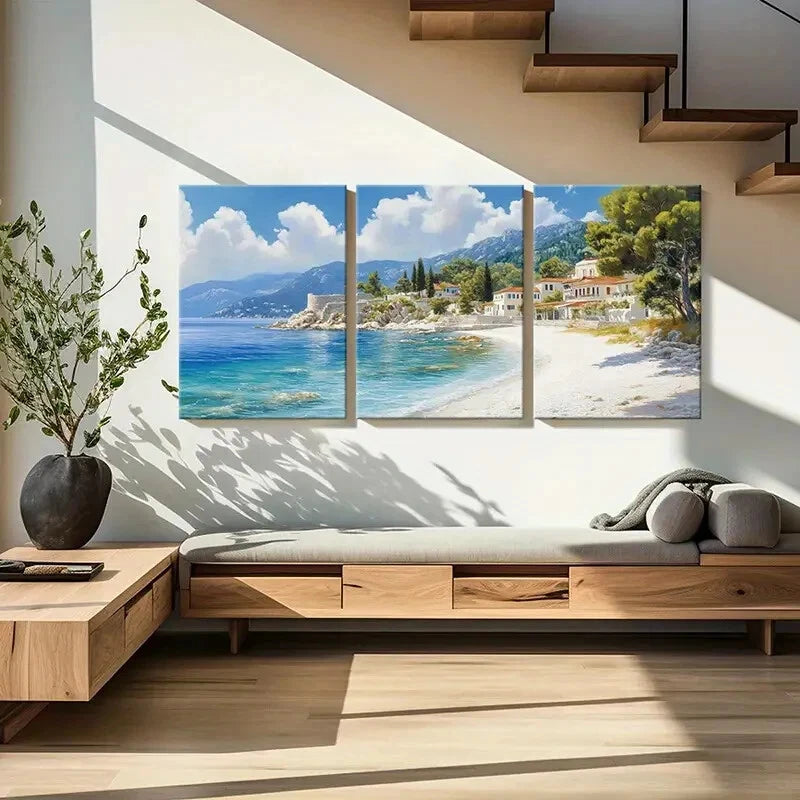 3pcs Seaside Mediterranean Mountain View Metal Print Ready to Hang Art