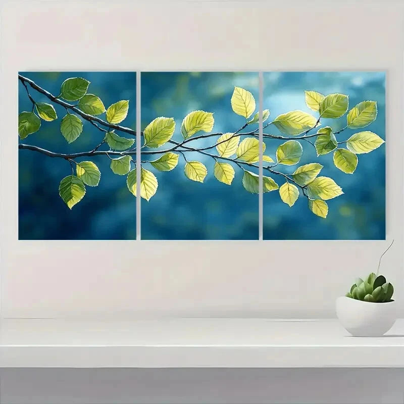 3pcs Green Leaves Spring Birch Watercolor Nature Metal Print Ready to Hang Art