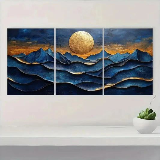 3pcs Blue and Golden Texture Natural Landscape Metal Print Ready to Hang Art