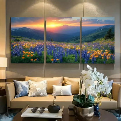 3pcs Misty Blue Peaks and Wildflowers in Valley Metal Print Ready to Hang Art