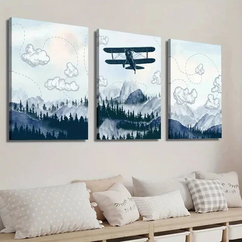 3pcs Airplane Flying Over Mountain and Forest Wall Art Set Canvas Unframed - High Quality Print 100% Australian Made Wall Canvas
