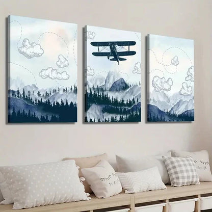 3pcs Airplane Flying Over Mountain and Forest Wall Art Set Canvas Unframed - High Quality Print 100% Australian Made Wall Canvas